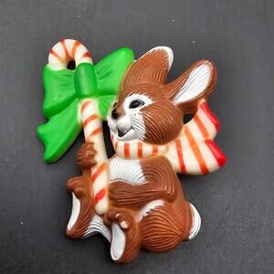 American Greeting Christmas Brooch 1982 Rabbit Candy Cane Plastic Holiday